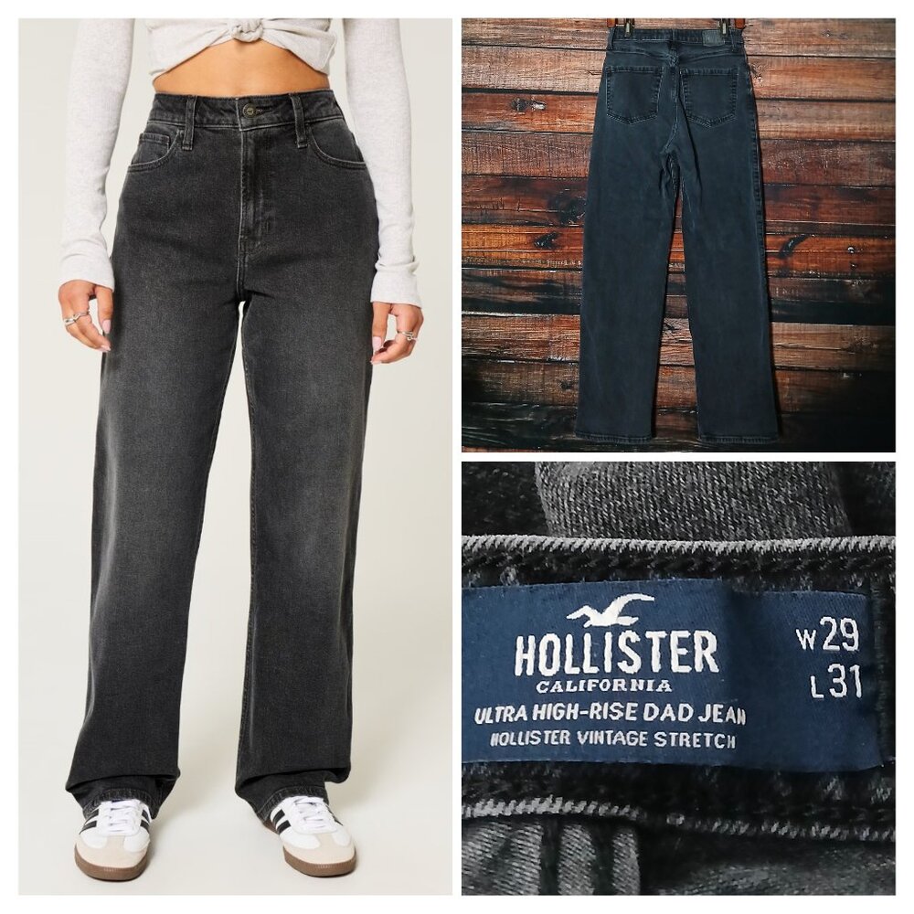 Hollister Jeans Size 29 Ultra High Rise Dad Washed Black Denim Stretch Relaxed